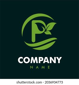 Initial Letter P with Leaves for Green Nature, Environment, Eco Friendly, Agriculture, Gardening, Lawn Service Company Logo Design Concept