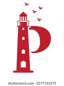 Initial Letter P Light House Logo Design Vector Template