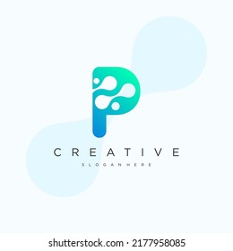 Initial Letter P Logo art. Blue Gradient Linear Rounded Style with Connected Liquid Dots . Usable for Business Science and Technology Logos. Flat Vector Logo Design Template Element.