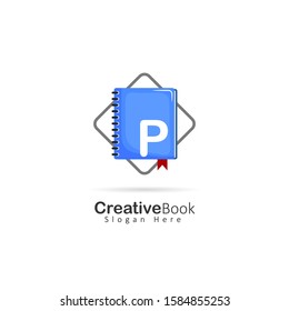 Initial letter P logo with book element, design vector illustration book store logo, book shop symbol template