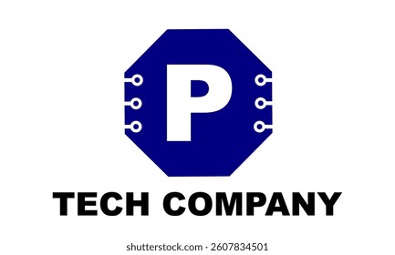 Initial letter P logo circuit motherboard computer services company blue colour vector illustration