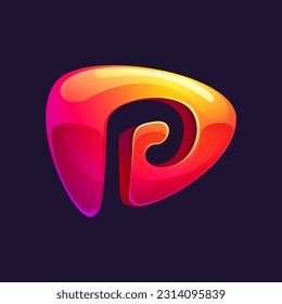 La letra inicial del logotipo P se corta de forma de esfera triangular. Plantilla de icono de flecha metálica multicolor. Resumen del elemento de diseño vectorial. Perfecto para botón de juego, identidad fintech, emblema deportivo, aplicación de entrega.