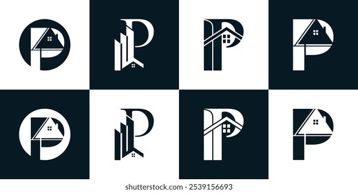 Initial letter p logo design collection template with house icon and creative concept Premium Vector