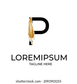 Initial letter P logo with Feather Luxury gold