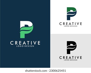 Initial Letter P Logo with Green Leaf vector on three color variations . Usable for Branding and Nature Logos. Flat Vector Logo Design Template Element