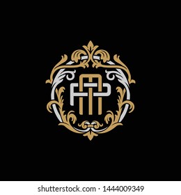 Initial letter P and M, PM, MP, decorative ornament emblem badge, overlapping monogram logo, elegant luxury silver gold color on black background