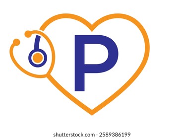 Initial Letter P Medical Logo Concept With Heart and Stethoscope Symbol For Healthcare and Medical Sign