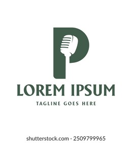 Letra inicial P con micrófono Icono de micrófono para podcast Emisión de radio para entretenimiento Comediante o cantar Ilustración inspiración de diseño