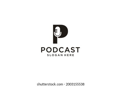 initial letter P with microphone podcast logo design template vector