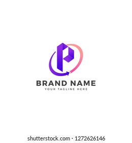 initial letter P modern linked circle round lowercase logo icon purple orange