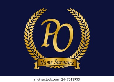 Initial letter P and O, PO monogram logo design with laurel wreath. Luxury golden calligraphy font.