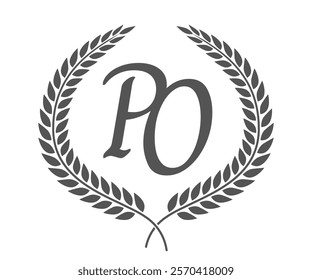 Initial letter P and O, PO monogram logo design with laurel wreath. Luxury calligraphy font.