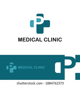 Initial letter P on medical cross icon for healthy, health care, and medicine logo design concept vector