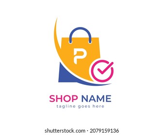 letra inicial P en la bolsa de la compra. Resumen del logo de la compra. Logo de la tienda en línea. Plantilla de logotipo del vector