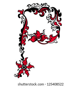 Initial letter P on a white background. Abstract vector floral pattern