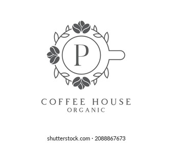 initial Letter P organic coffee logo icon design vector.