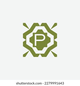 Initial letter P ornamental simple tribal pattern frame natural logo