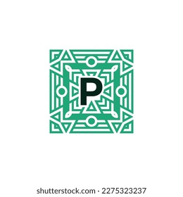 Letra inicial logotipo del marco de patrón cuadrado ornamental de P