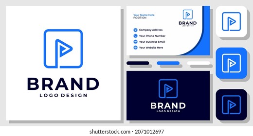 Initial Letter P Play Button Media Video Triangle Square Modern Logo Design with Business Card Template