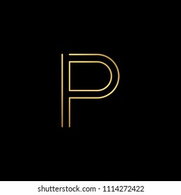 Initial letter P PP minimalist art logo, gold color on black background
