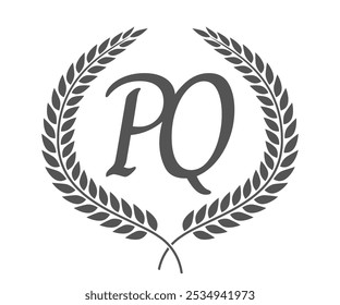 Initial letter P and Q, PQ monogram logo design with laurel wreath. Luxury calligraphy font.