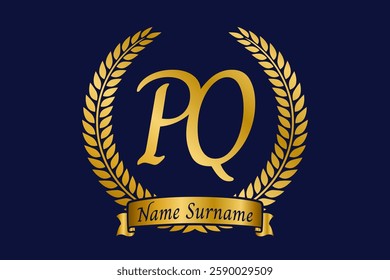 Initial letter P and Q, PQ monogram logo design with laurel wreath. Luxury golden calligraphy font.