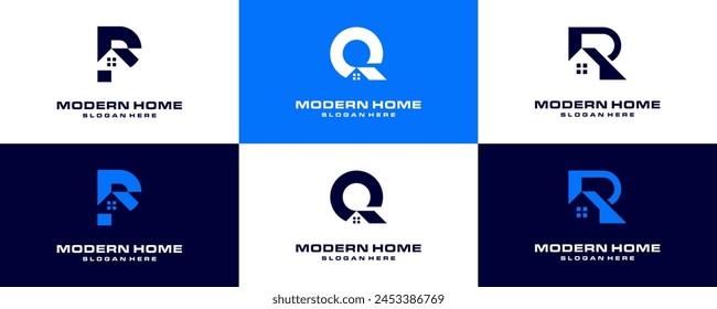 Initial letter P, Q, R and home combination logo design template