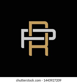 Initial letter P and R, PR, RP, overlapping interlock logo, monogram line art style, silver gold on black background