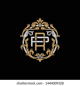 Initial letter P and R, PR, RP, decorative ornament emblem badge, overlapping monogram logo, elegant luxury silver gold color on black background