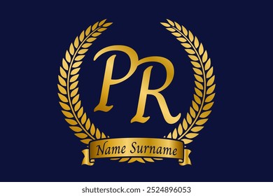 Initial letter P and R, PR monogram logo design with laurel wreath. Luxury golden calligraphy font.