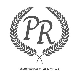 Initial letter P and R, PR monogram logo design with laurel wreath. Luxury calligraphy font.