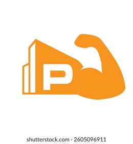 Initial Letter P Real Estate Logo Concept With City Building and Arm Symbol Vector Template