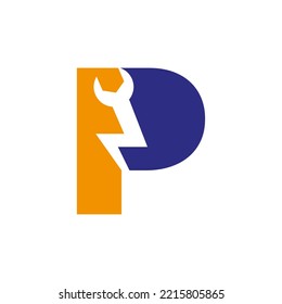 Initial Letter P Repair Wrench And Volt Power Logo Design For Repair, Electrical Sign Vector Template