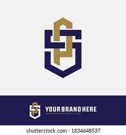 Initial letter P, S, PS or SP overlapping, interlock, monogram logo, blue and gold color on white background
