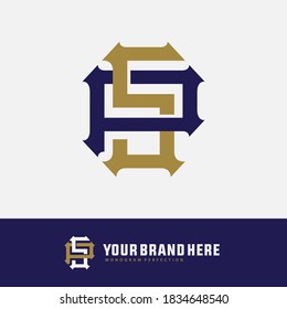 Initial letter P, S, PS or SP overlapping, interlock, monogram logo, blue and gold color on white background