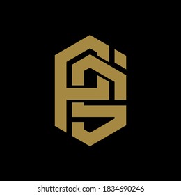 Initial letter P, S, PS or SP overlapping, interlock, monogram logo, gold color on black background