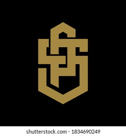 Initial letter P, S, PS or SP overlapping, interlock, monogram logo, gold color on black background