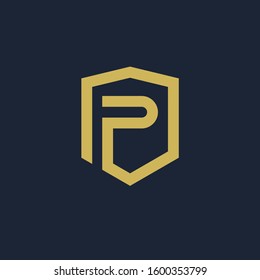 initial Letter P with Shield frame line art element. Shield Line geometry  for Security logo. Logo Icon Template for Web and Business Card, Letter Logo Template on Black Background. - vector