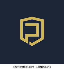 initial Letter P with Shield frame line art element. Shield Line geometry  for Security logo. Logo Icon Template for Web and Business Card, Letter Logo Template on Black Background. - vector