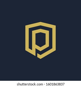 initial Letter P with Shield frame line art element. Shield Line geometry  for Security logo. Logo Icon Template for Web and Business Card, Letter Logo Template on Black Background. - vector
