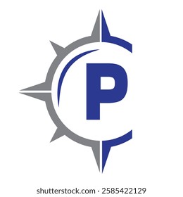 Initial Letter P Ship Logo Concept With Compass Symbol Vector Template