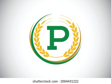 Initial letter P sign symbol with wheat ears wreath. Organic wheat farming logo design concept. Agriculture logo design vector template.