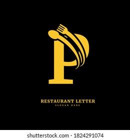 Initial letter P with spoon and fork for restaurant concept. letter P logo, fit for company and culinary business.