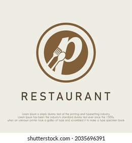 Initial Letter P With Spoon And Fork Icon For Restaurant, Catering, Cafe, Cafeteria, Food, Kitchen Retail Business Logo Design Concept	