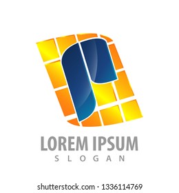 Initial letter P square pixel logo vector concept design. Yellow blue color.