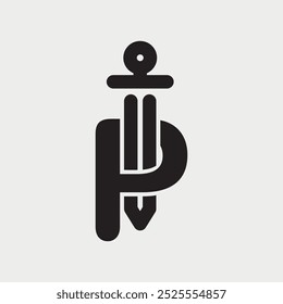 Anfangsbuchstabe P Schwert Logo Design Konzept Alphabet Schriftart. Vektorgrafik.