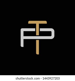 Initial letter P and T, PT, TP, overlapping interlock logo, monogram line art style, silver gold on black background