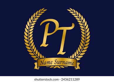 Initial letter P and T, PT monogram logo design with laurel wreath. Luxury golden emblem with calligraphy font.