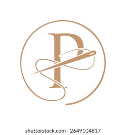 Letra inicial P logotipo alfaiate, agulha e logotipo de linha para vestuário, bordado, têxtil, moda, pano, sinal de tecido