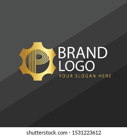 Initial letter P tech gear logo design template with golden gradient